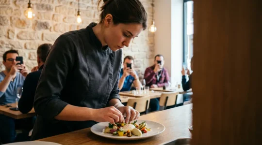 Un chef lyonnais moderne photographiant un plat traditionnel revisité dans une ambiance bouchon contemporaine