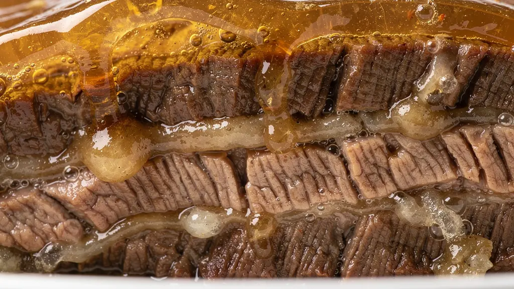 Coupe transversale d'un morceau de bœuf bourguignon montrant la gélatine figée après refroidissement