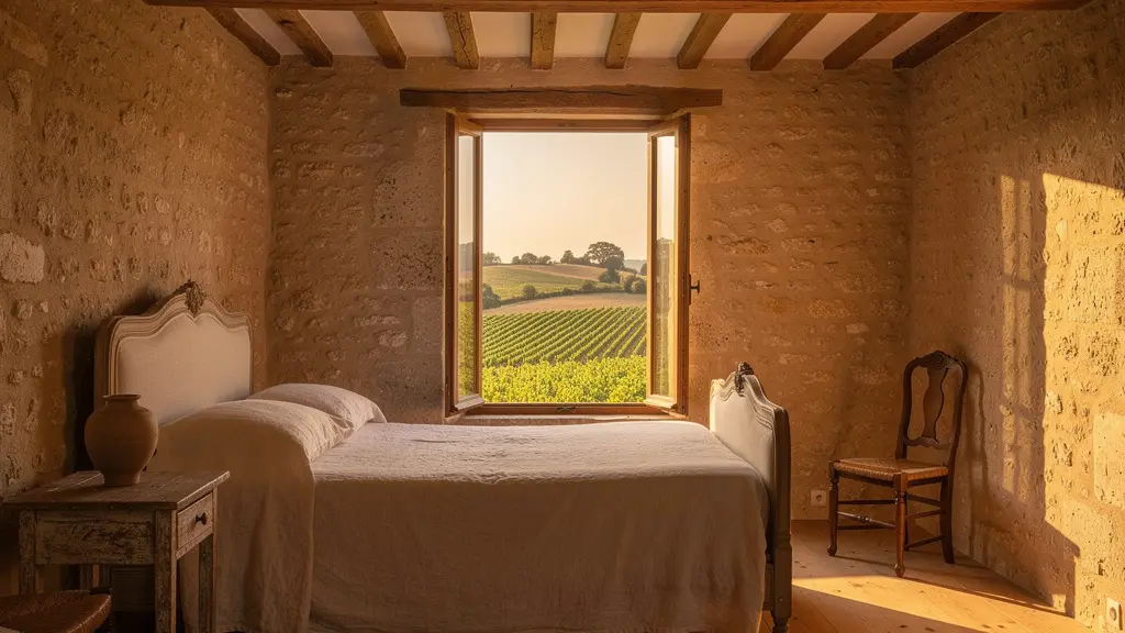 Intérieur chaleureux d'un gîte de château avec vue panoramique sur les vignes du Beaujolais au coucher de soleil