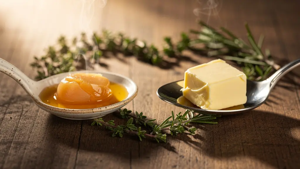 Comparaison visuelle entre graisse de canard et beurre avec éléments suggérant la santé cardiovasculaire