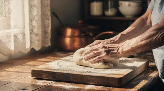 Grand-mère en cuisine transmettant ses secrets culinaires dans une atmosphère chaleureuse