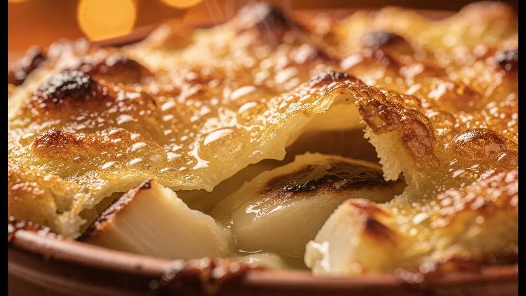 Gros plan sur un gratin de cardons doré avec morceaux de moelle fondante