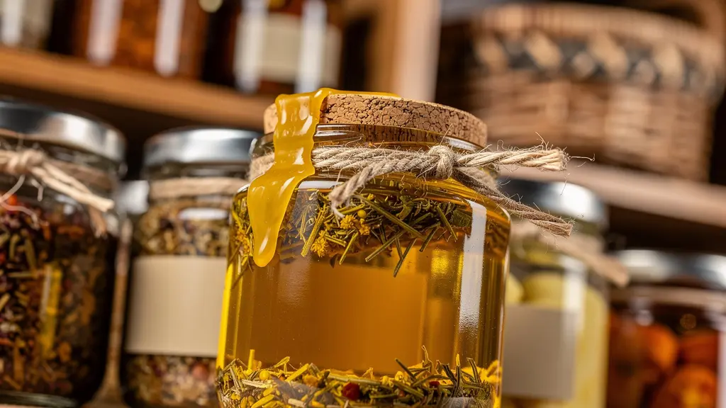 Étal d'épicerie fine avec bocaux et conserves artisanales arrangés avec soin