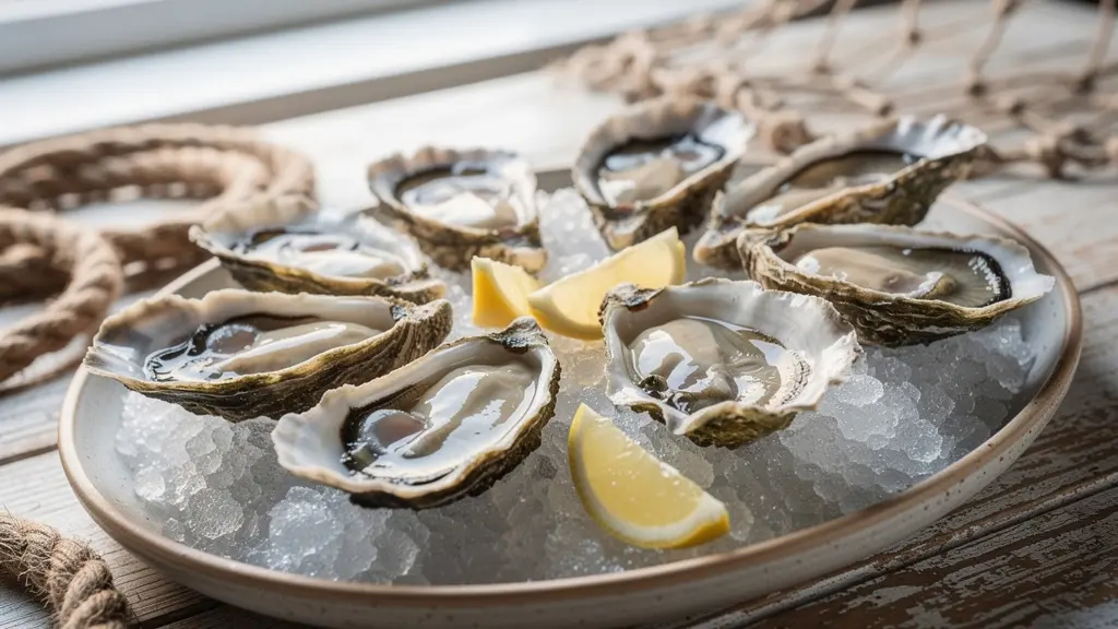 Plateau d'huîtres fraîches présentées sur glace pilée avec citrons et condiments