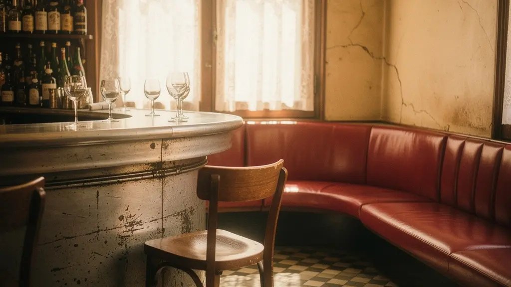 Intérieur chaleureux d'un bistrot français authentique avec comptoir en zinc usé et banquettes en cuir rouge