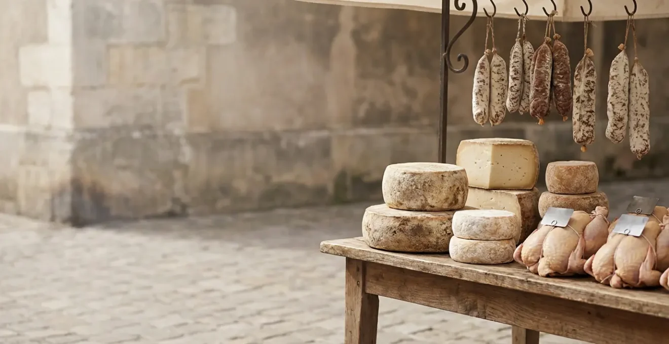 Composition de produits alimentaires français avec labels AOP et IGP visibles, incluant fromages, charcuteries et volailles dans un cadre rustique authentique