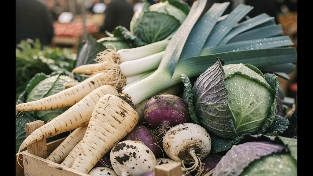 Étal de marché en hiver avec légumes de saison authentiques comme des choux, poireaux et panais.