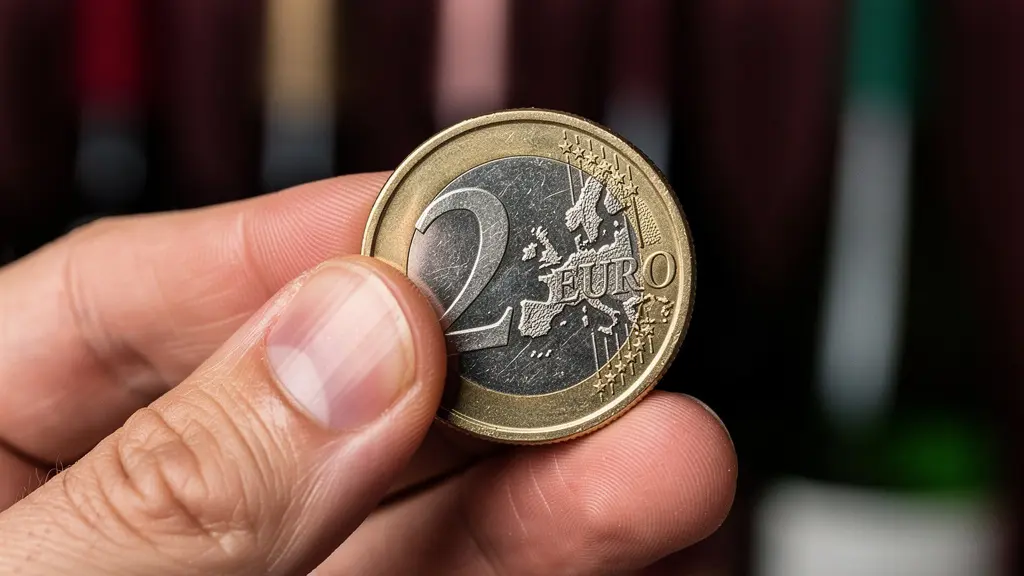 Main tenant des pièces d'euros près d'étiquettes de prix dans une cave à vins