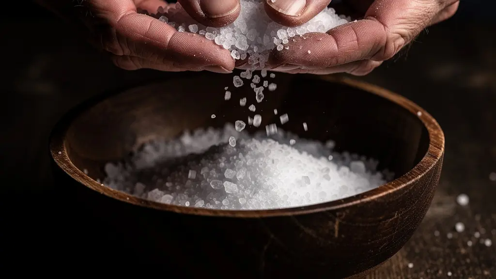 Mains mesurant une pincée de sel au-dessus d'un bol en bois dans une cuisine rustique