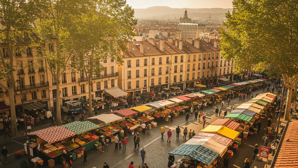 Vue animée du marché de la Croix-Rousse un dimanche matin avec ses étals colorés et la foule des habitués