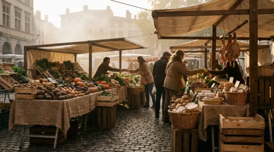 Marché de producteurs lyonnais avec légumes frais colorés et fromages artisanaux dans une atmosphère matinale authentique