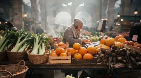 Marché couvert lyonnais en hiver avec étalages de légumes racines et paniers de cardons