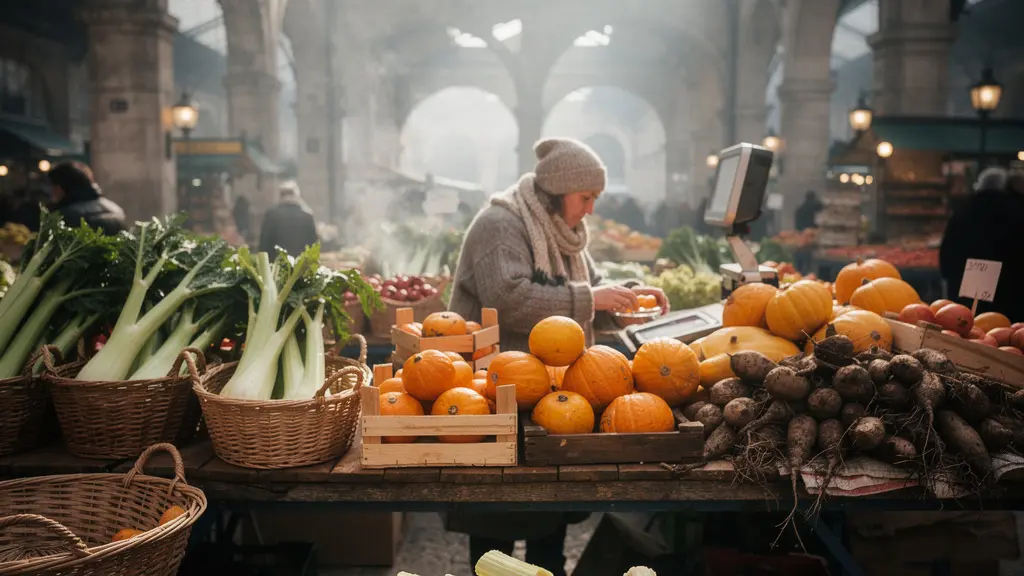 Marché couvert lyonnais en hiver avec étalages de légumes racines et paniers de cardons