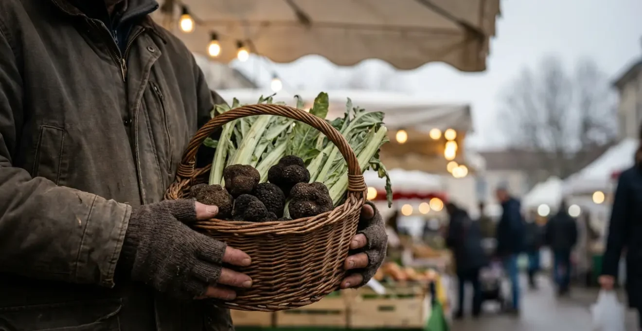 Ambiance hivernale d'un marché lyonnais avec vendeur de truffes et cardons