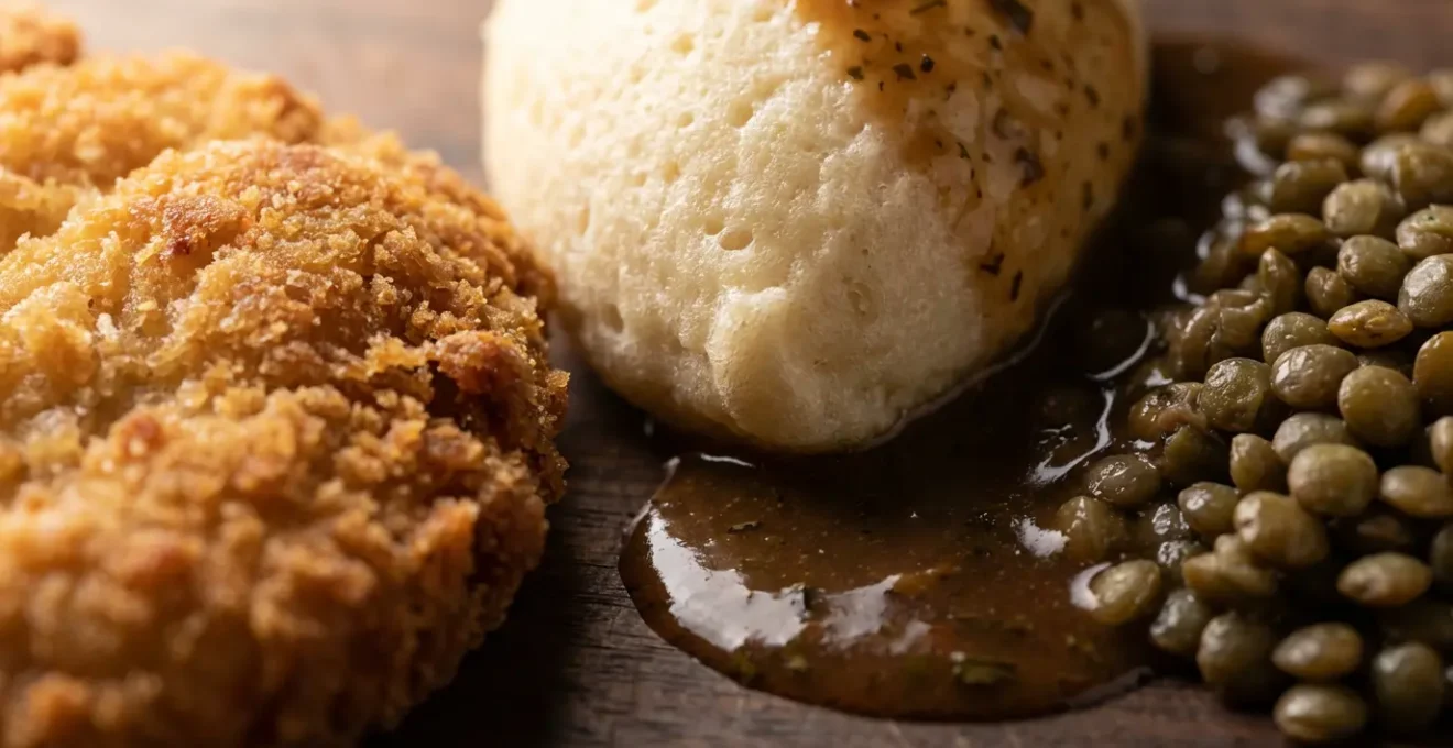 Table de bouchon lyonnais avec quenelles, tablier de sapeur et pot de Beaujolais