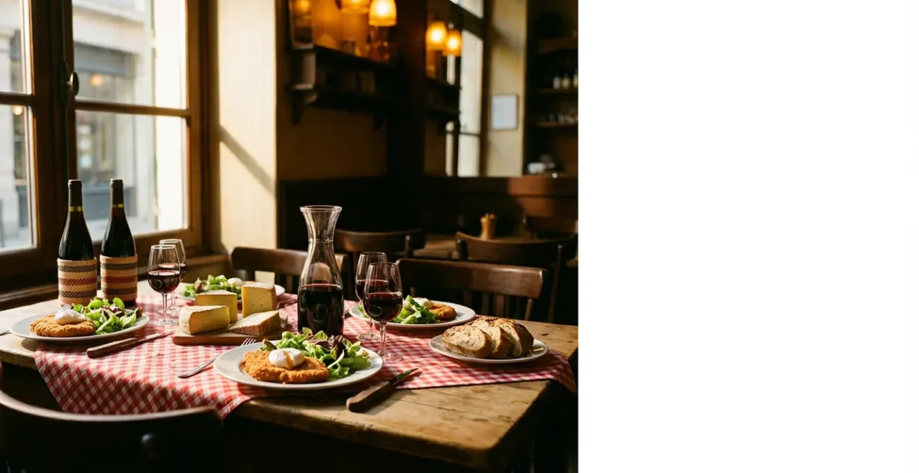 Table de bouchon lyonnais avec salade lyonnaise, tablier de sapeur doré, fromages locaux et verre de Beaujolais, éclairage chaleureux