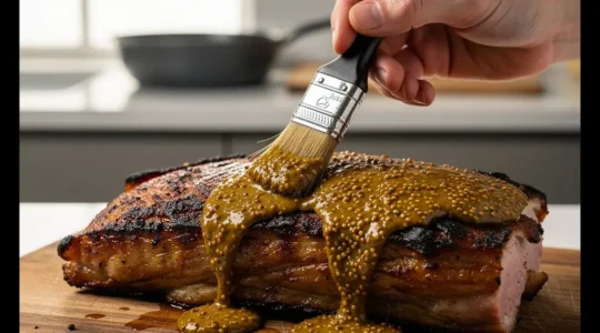 Rôti de porc avec croûte dorée de moutarde à l'ancienne et sauce crémeuse