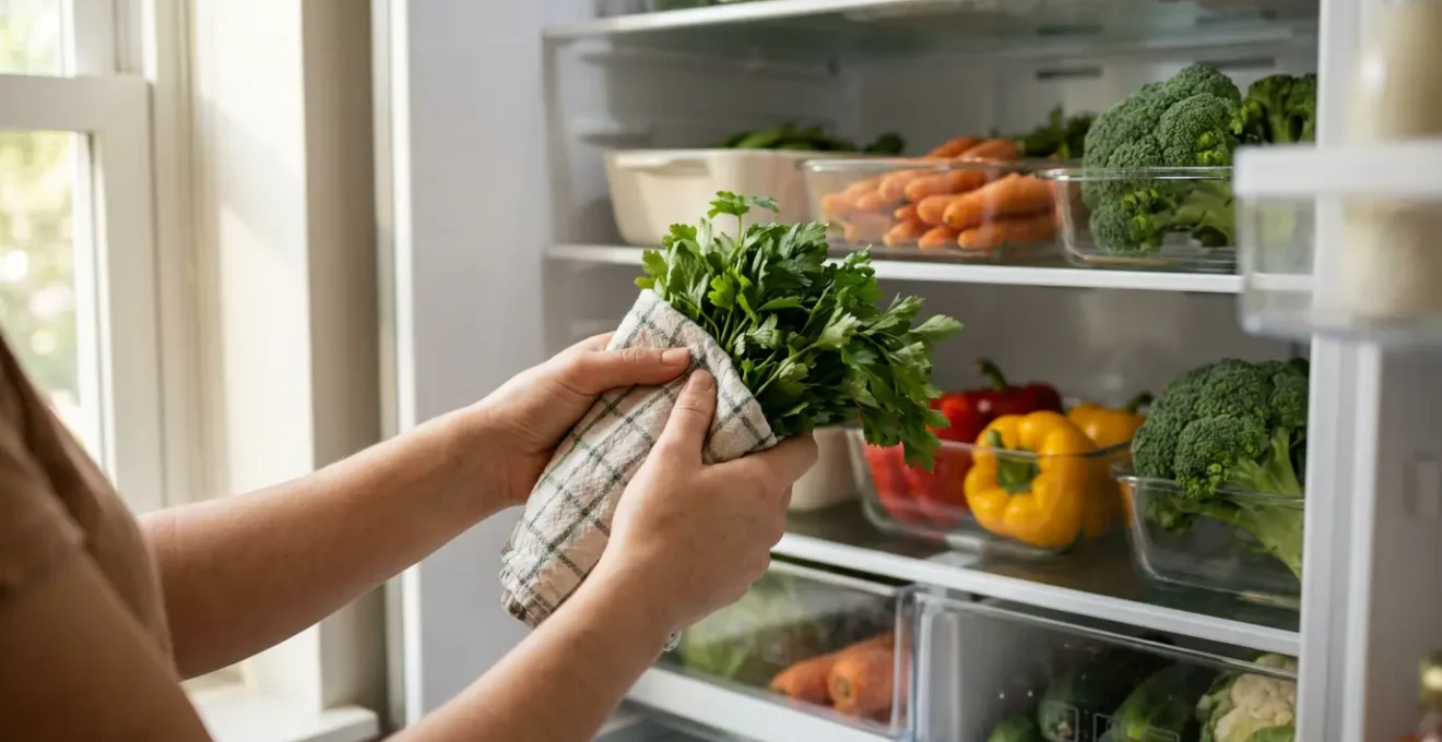 Intérieur de réfrigérateur organisé avec légumes enveloppés dans des torchons et séparés par zones de conservation