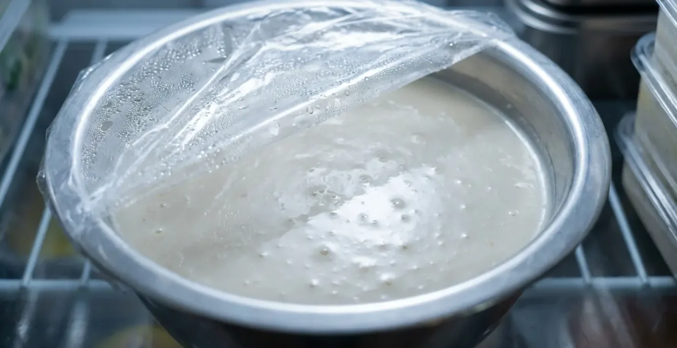 Panade de quenelles recouverte de film alimentaire dans un récipient au réfrigérateur