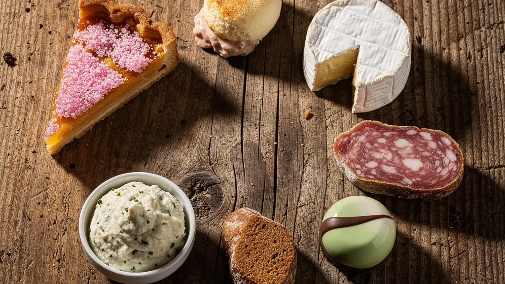 Composition aérienne de spécialités lyonnaises disposées en cercle avec des espaces entre chaque plat, symbolisant l'espacement des dégustations.