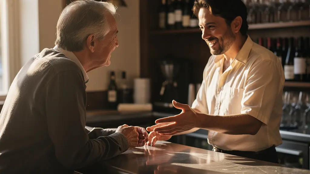 Patron de bistrot en discussion chaleureuse avec un habitué au comptoir