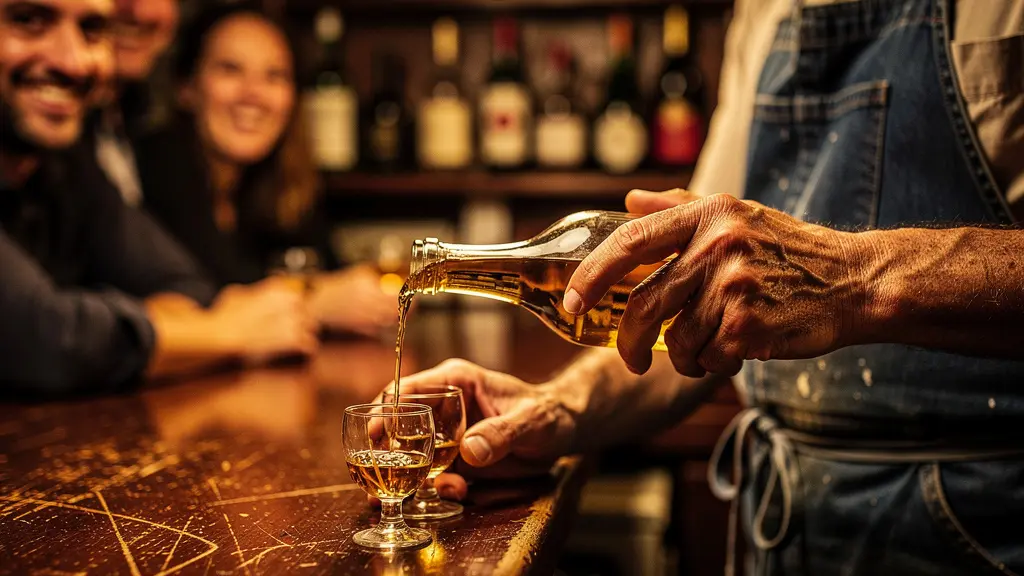 Patron de bouchon servant avec le sourire dans une ambiance chaleureuse