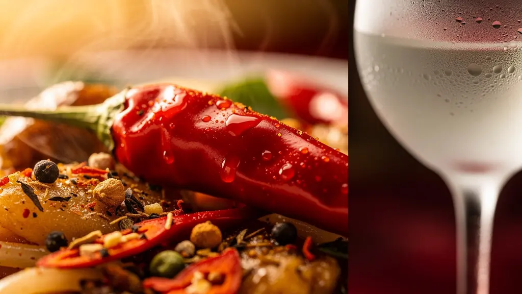 Plat asiatique épicé avec piments rouges et verre de vin blanc givré, vapeur visible