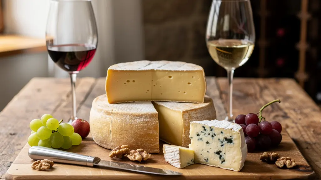 Plateau de fromages variés avec verre de vin rouge et blanc sur table en bois, éclairage naturel