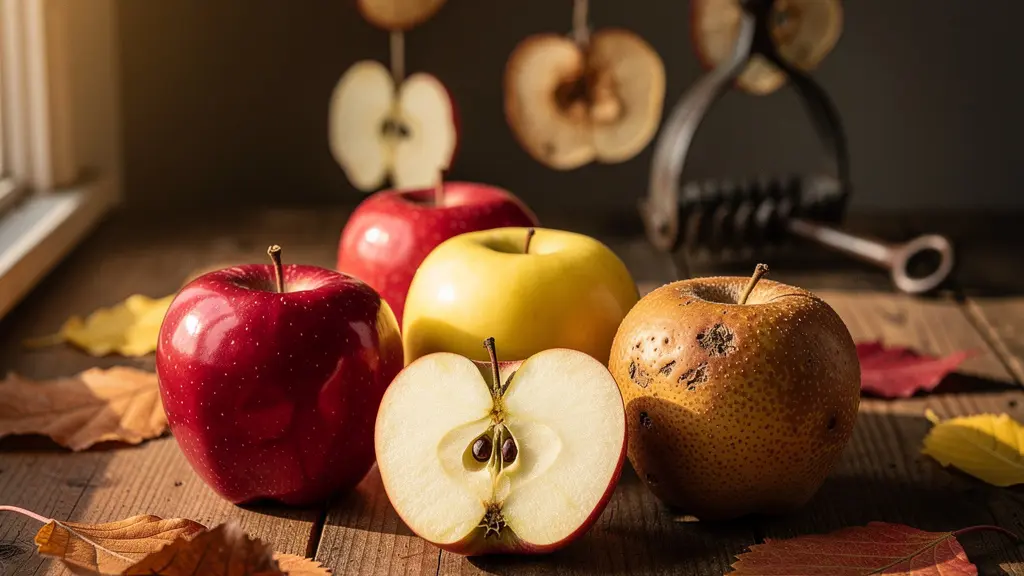 Assortiment de pommes du Pilat et des Monts d'Or sur planche de bois rustique