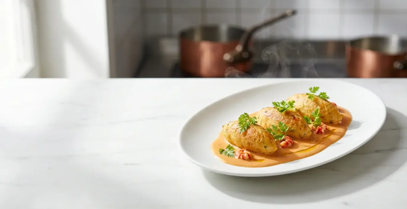 Quenelles de brochet dorées nappées de sauce Nantua onctueuse dans une assiette blanche élégante
