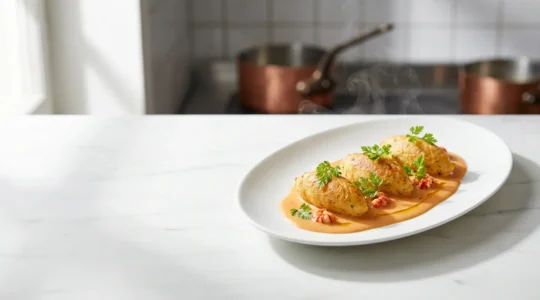 Quenelles de brochet dorées nappées de sauce Nantua onctueuse dans une assiette blanche élégante