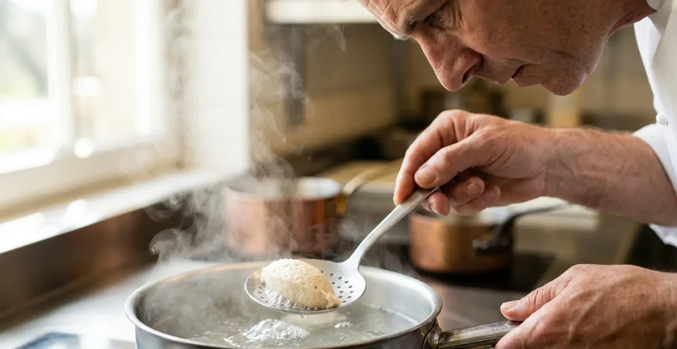 Quenelles de brochet en train de pocher dans une eau frémissante