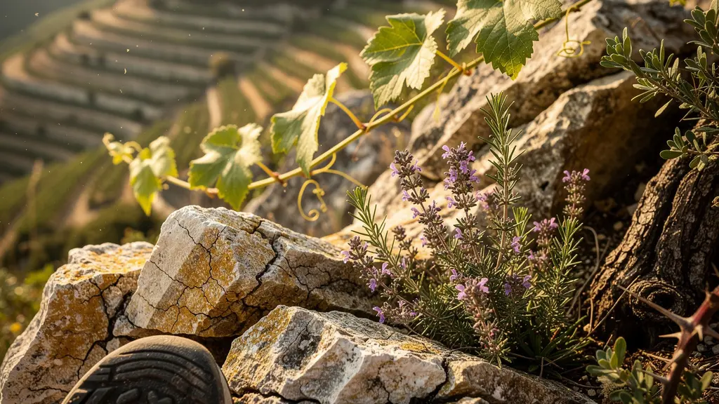 Randonneurs sur les sentiers escarpés entre vignes en terrasses et formations rocheuses