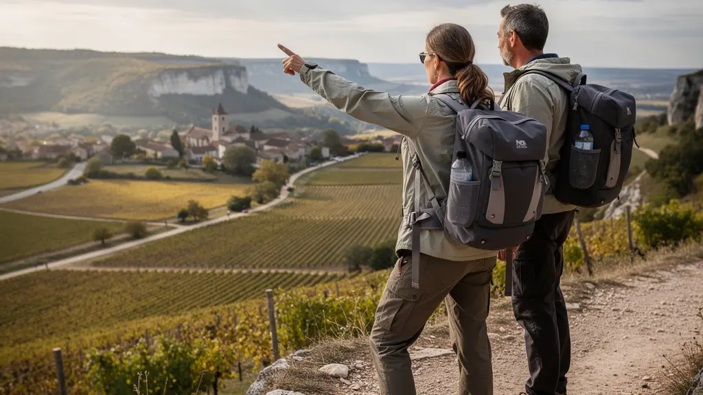 Randonneurs sur sentier avec vue panoramique sur vignobles du Mâconnais