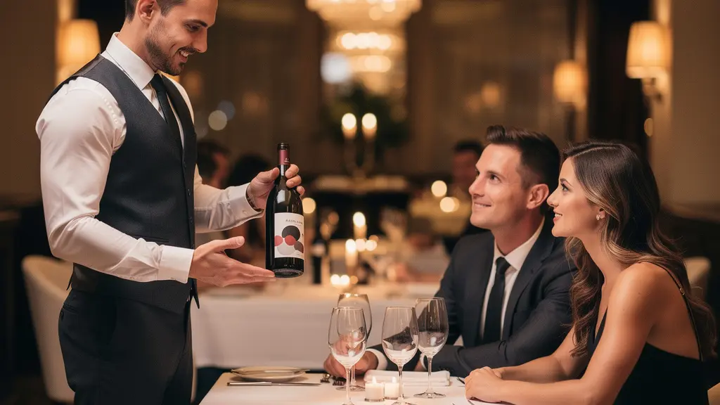 Sommelier présentant une sélection de vins à un couple dans un restaurant gastronomique élégant