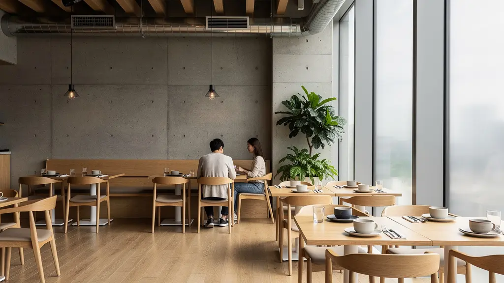 Intérieur épuré d'un restaurant innovant lyonnais avec couple en arrière-plan