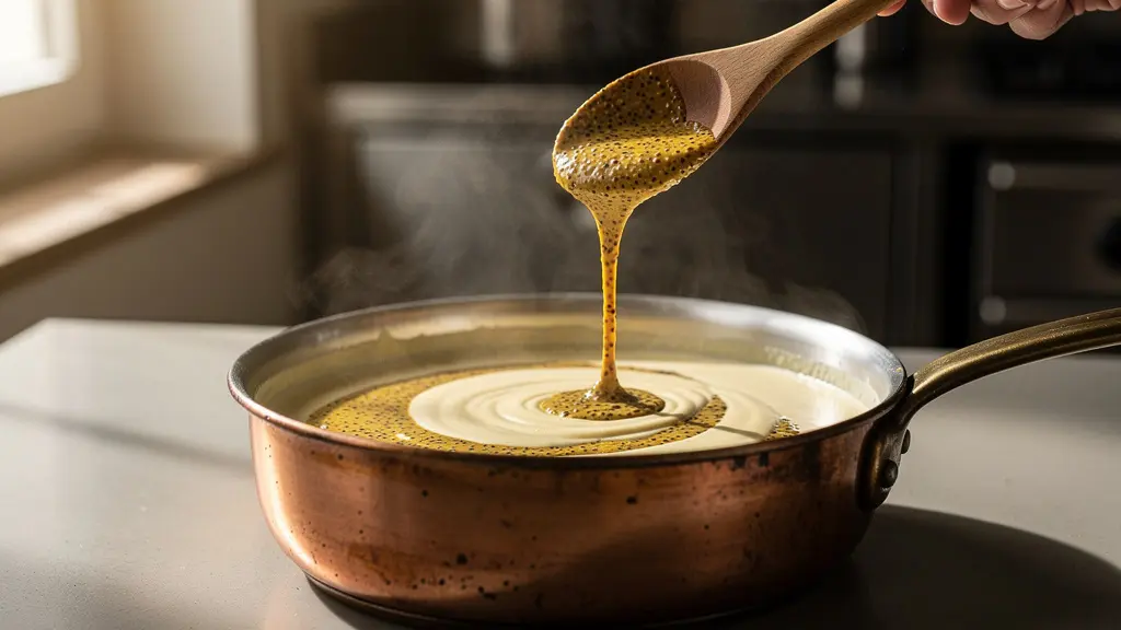 Sauce crémeuse à la moutarde montée hors du feu avec incorporation du beurre