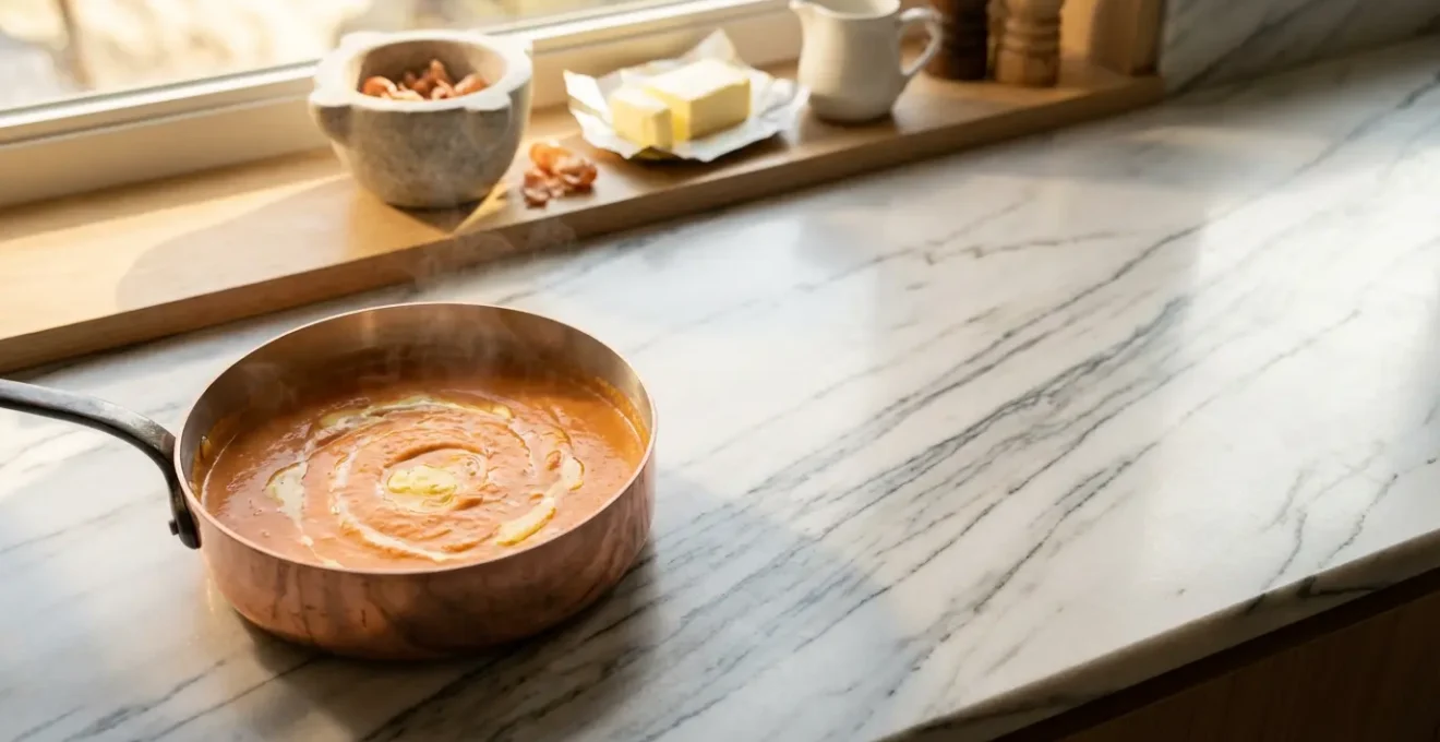 Préparation traditionnelle de la sauce Nantua avec beurre d'écrevisses et crème onctueuse