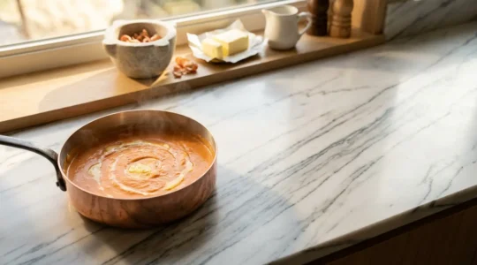 Préparation traditionnelle de la sauce Nantua avec beurre d'écrevisses et crème onctueuse