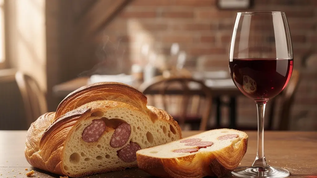 Accord mets et vin avec saucisson brioché lyonnais et verre de vin rouge