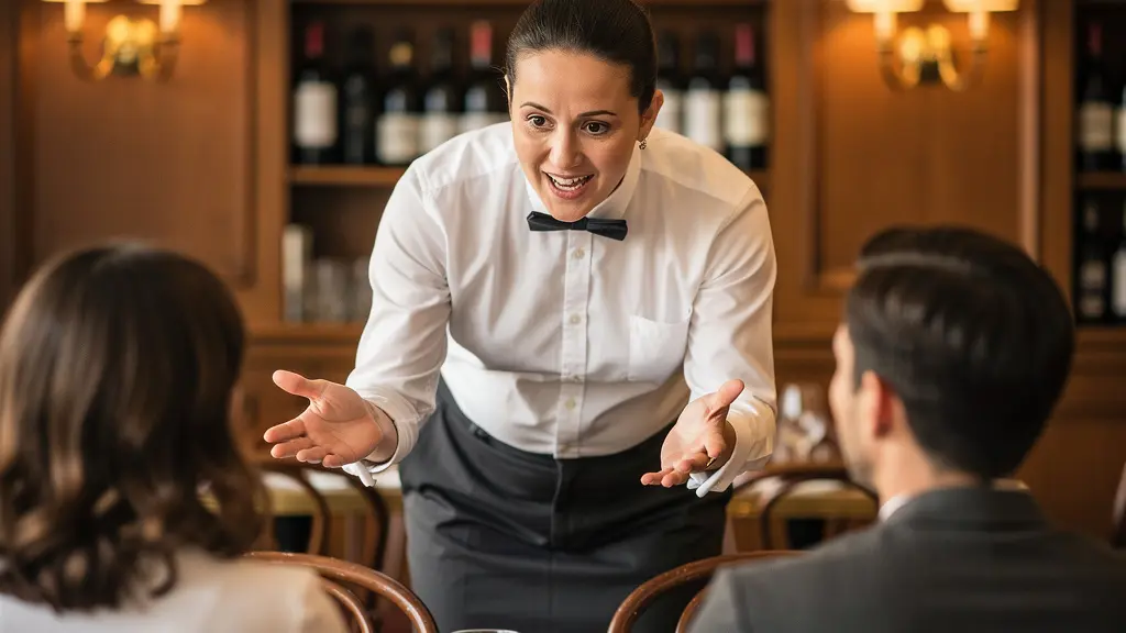 Serveur passionné expliquant l'origine des produits dans un restaurant traditionnel avec enthousiasme.