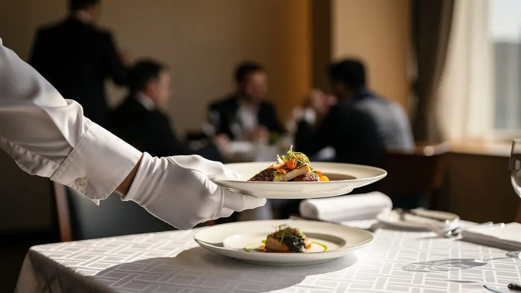 Serveur professionnel présentant un plat raffiné avec geste précis dans un restaurant élégant