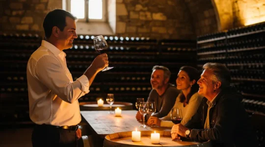 Atelier de dégustation d'œnologie dans une cave voûtée avec sommelier et participants découvrant les arômes du vin