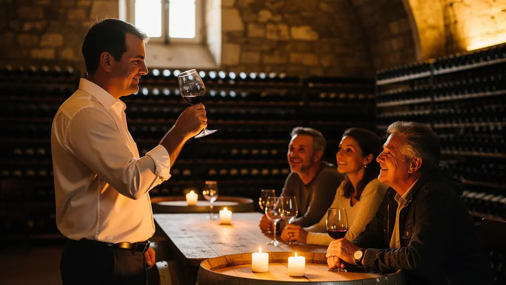 Atelier de dégustation d'œnologie dans une cave voûtée avec sommelier et participants découvrant les arômes du vin