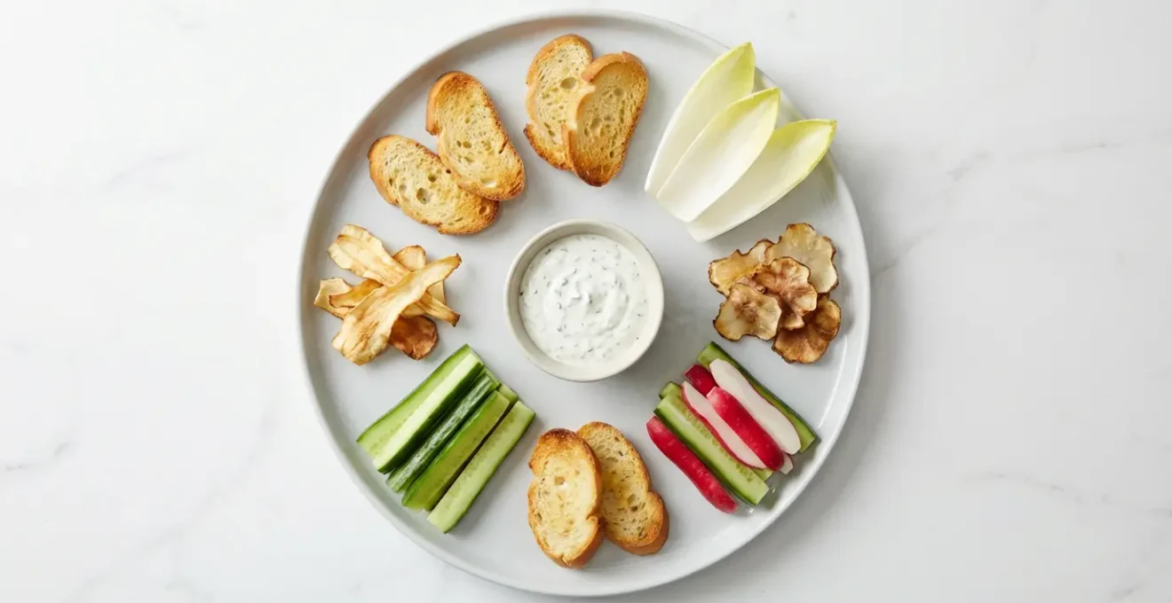 Assortiment de supports pour cervelle de canut : pain grillé, légumes croquants et chips de légumes racines