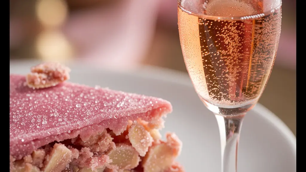 Tarte à la praline rose avec flûte de Cerdon pétillant