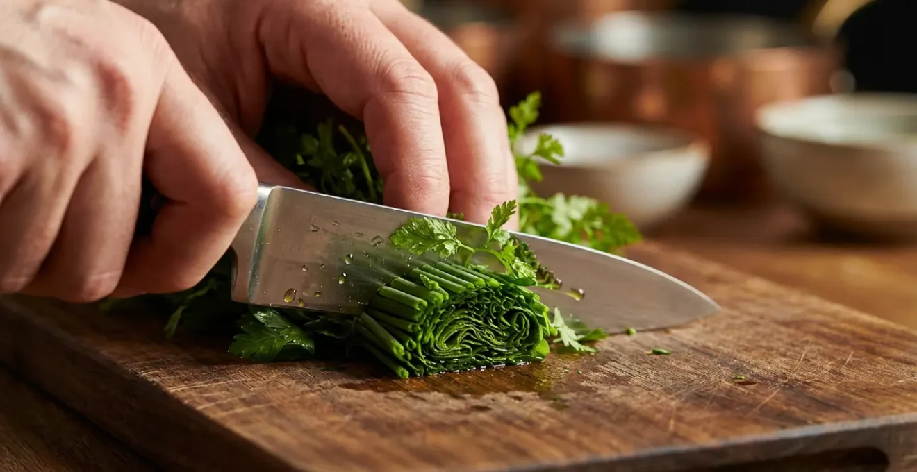 Mains de chef ciselant délicatement des herbes fraîches sur planche en bois