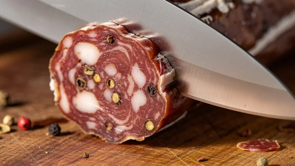 Gros plan sur la découpe d'un saucisson avec une lame professionnelle, montrant l'épaisseur idéale des tranches