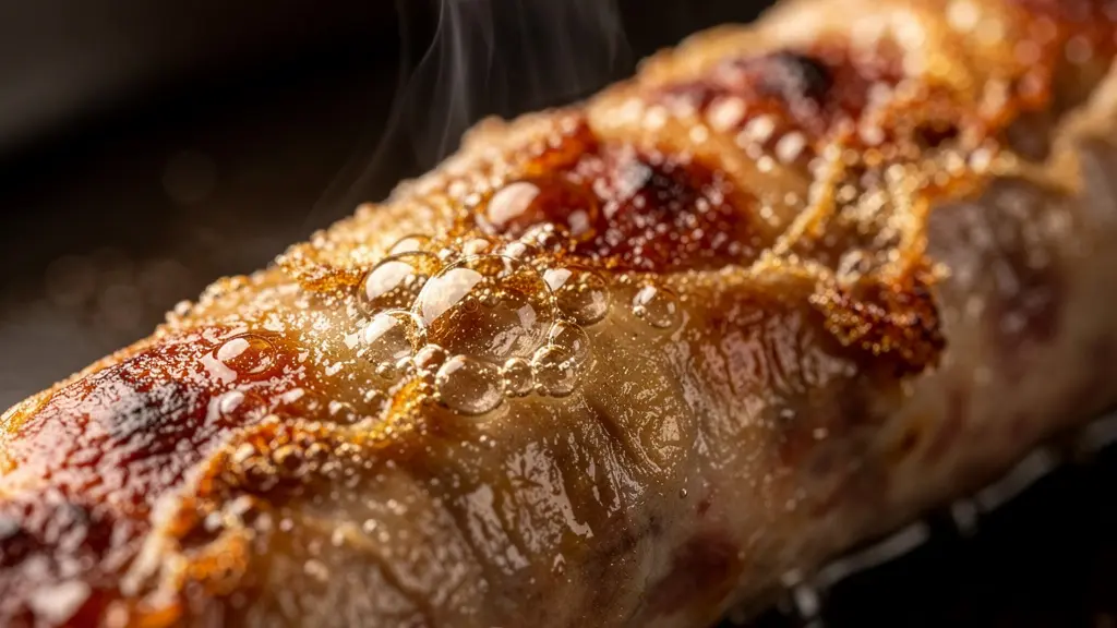 Gros plan sur une andouillette en train de cuire dans une poêle avec peau dorée