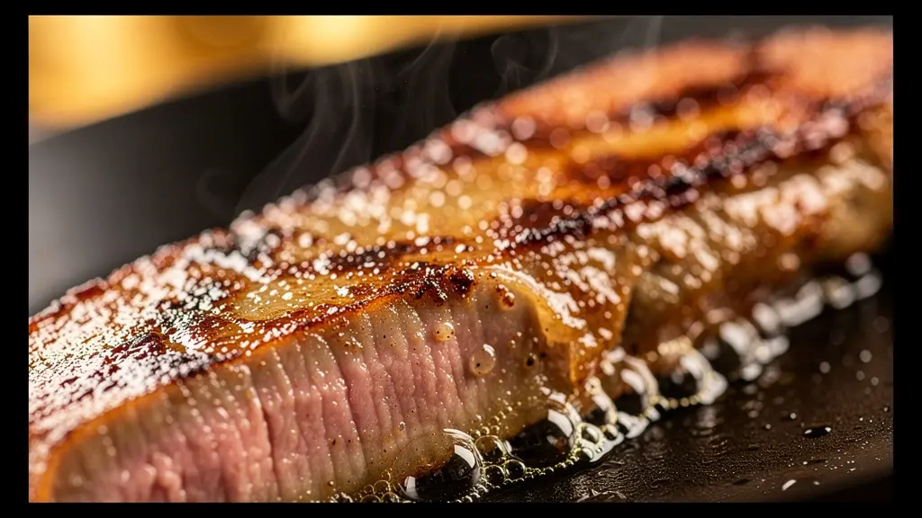Gros plan macro sur une escalope de foie gras dorée en train de cuire dans une poêle
